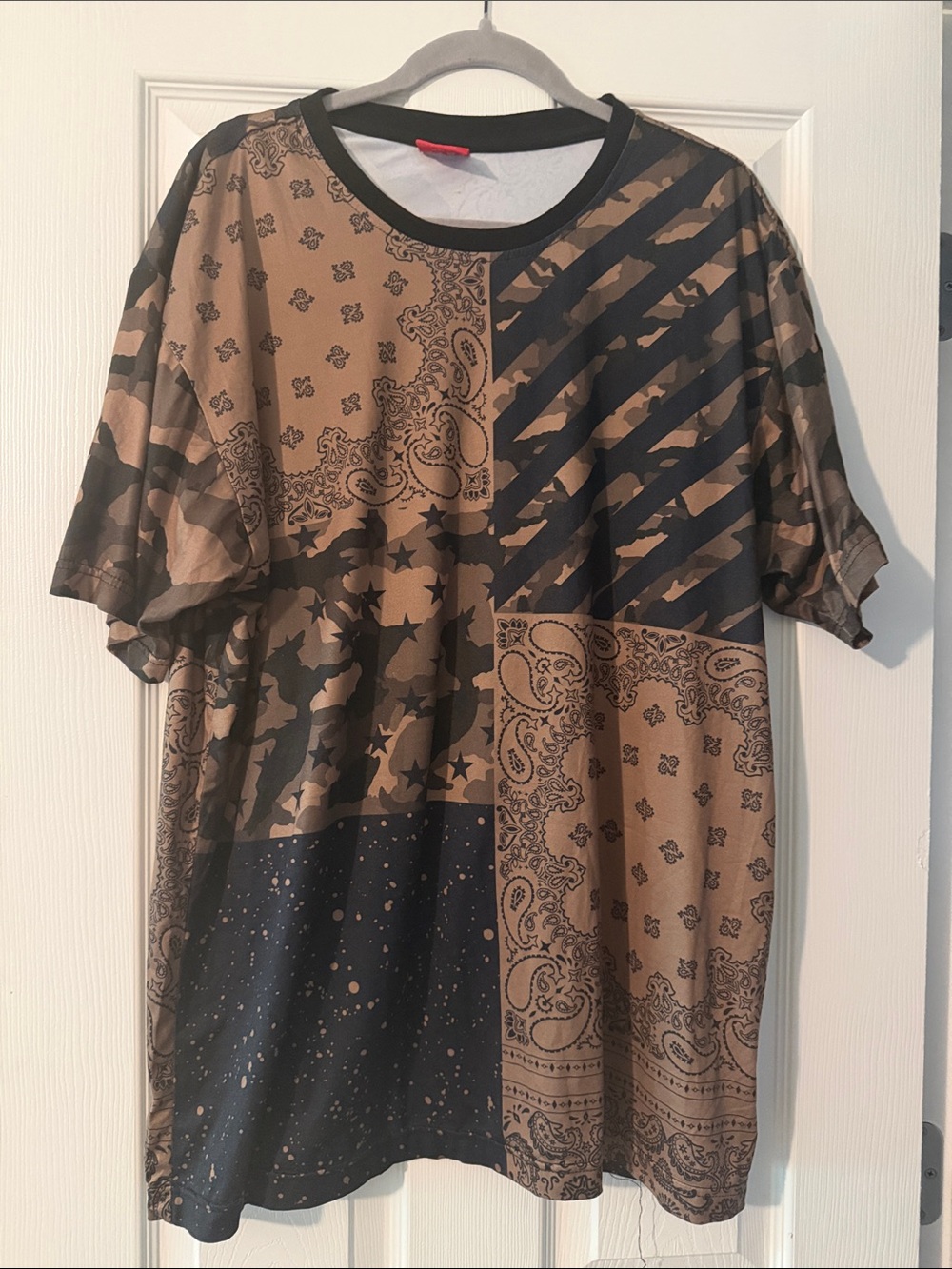 Men's Brown & Black Bandana Patchwork Short Sleeve Tee
